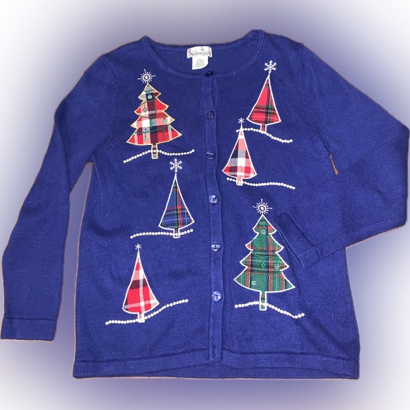 Vintage Festive Blue Knit Sweater Embroidered Sequins Plaid Trees Snowflakes XL - Picture 4 of 12